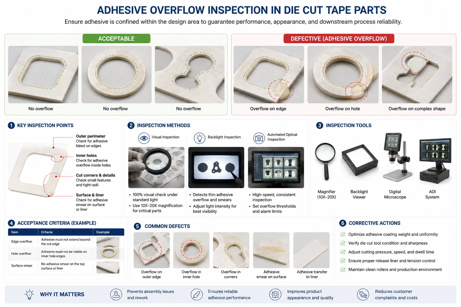 Adhesive overflow inspection in die cut tape parts