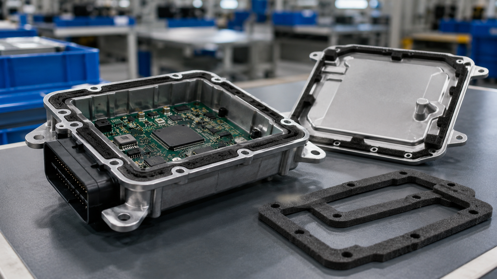A realistic application scene showing die cut closed-cell foam gaskets installed around an automotive electronics enclosure, with visible sealing surfaces, screw holes, and waterproof housing design on a clean assembly workbench. The image should highlight gasket sealing against dust and moisture in the automotive electronics industry, no text, no arrows, no labels, no logos, professional OEM product photography style.