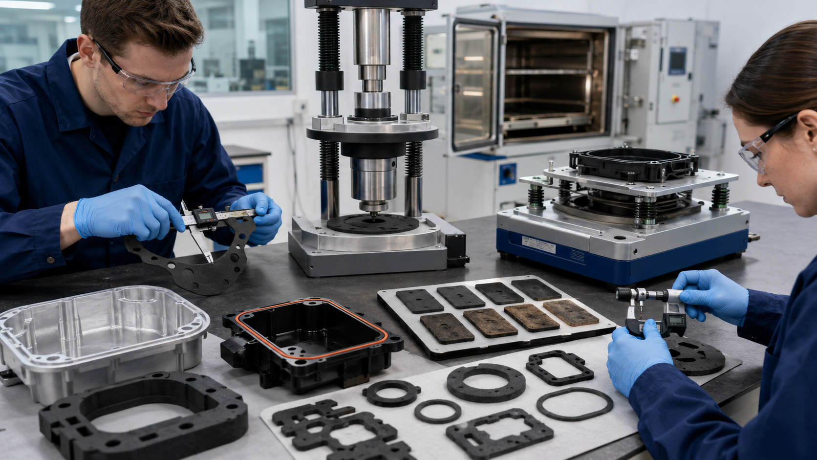 A realistic laboratory testing scene showing die cut foam gasket samples undergoing compression recovery, heat aging, and vibration-related inspection on professional testing equipment, with engineers checking gasket thickness and sealing surfaces. The image should represent OEM foam gasket reliability validation for automotive, electronics, and industrial applications, clean lab environment, no text, no labels, no logos, high-resolution industrial photography style.