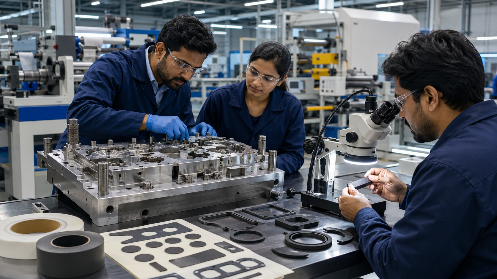 A realistic precision die tooling adjustment scene inside a clean manufacturing workshop, showing engineers inspecting a custom die tool, die cut adhesive tape samples, foam gasket samples, and magnified edge quality under inspection equipment. The image should represent tooling optimization after die cutting trials for automotive, electronics, and industrial OEM components, no text, no labels, no logos, high-resolution factory photography style.