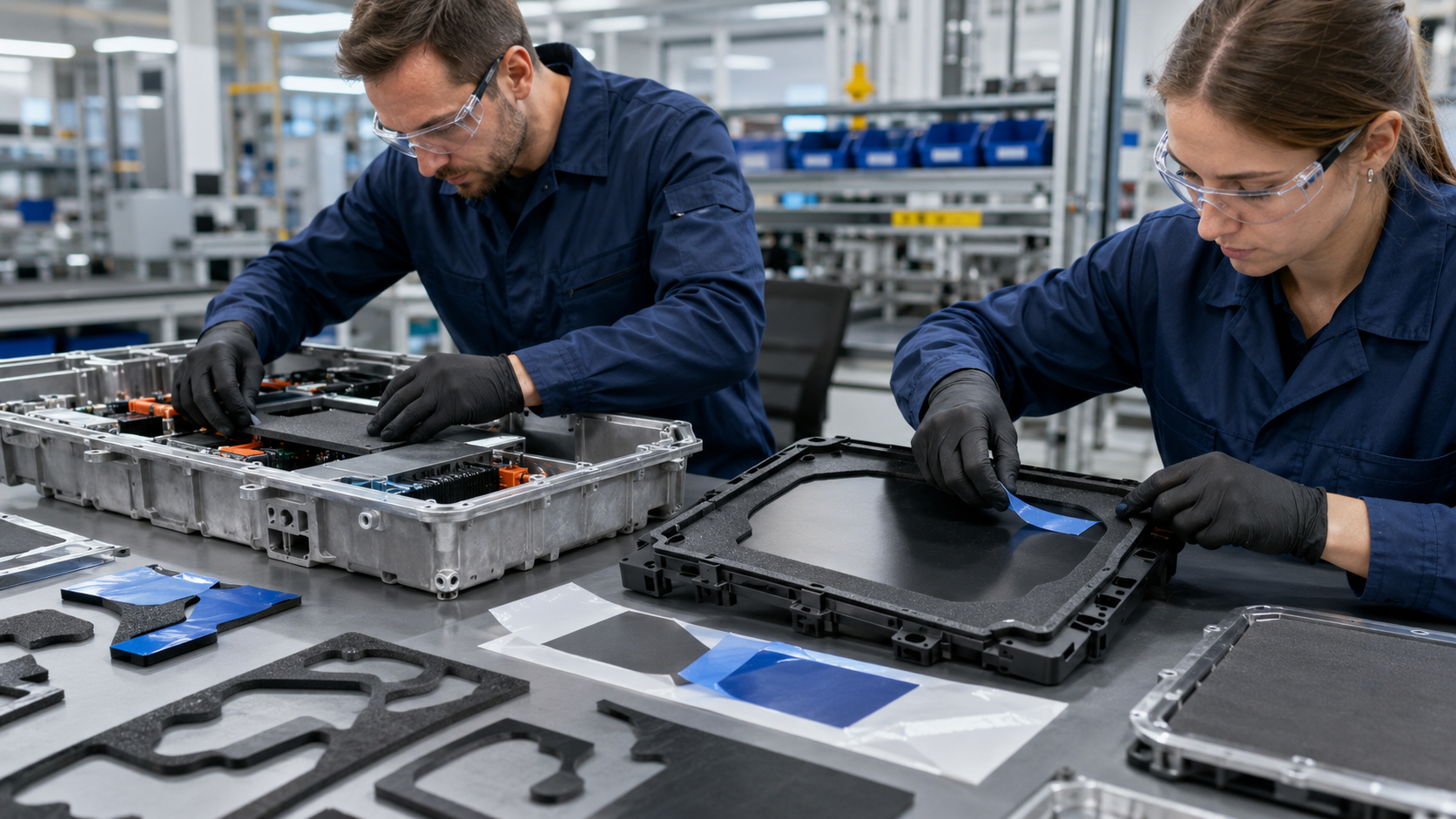 A realistic OEM assembly validation scene showing complex die cut foam gaskets, PET insulation films, and adhesive tape parts being fitted into automotive electronic housings and industrial equipment covers on a clean assembly bench. The image should show engineers checking fit, alignment, sealing surfaces, and liner removal during pre-production validation, no text, no labels, no logos, high-resolution industrial application photography style.