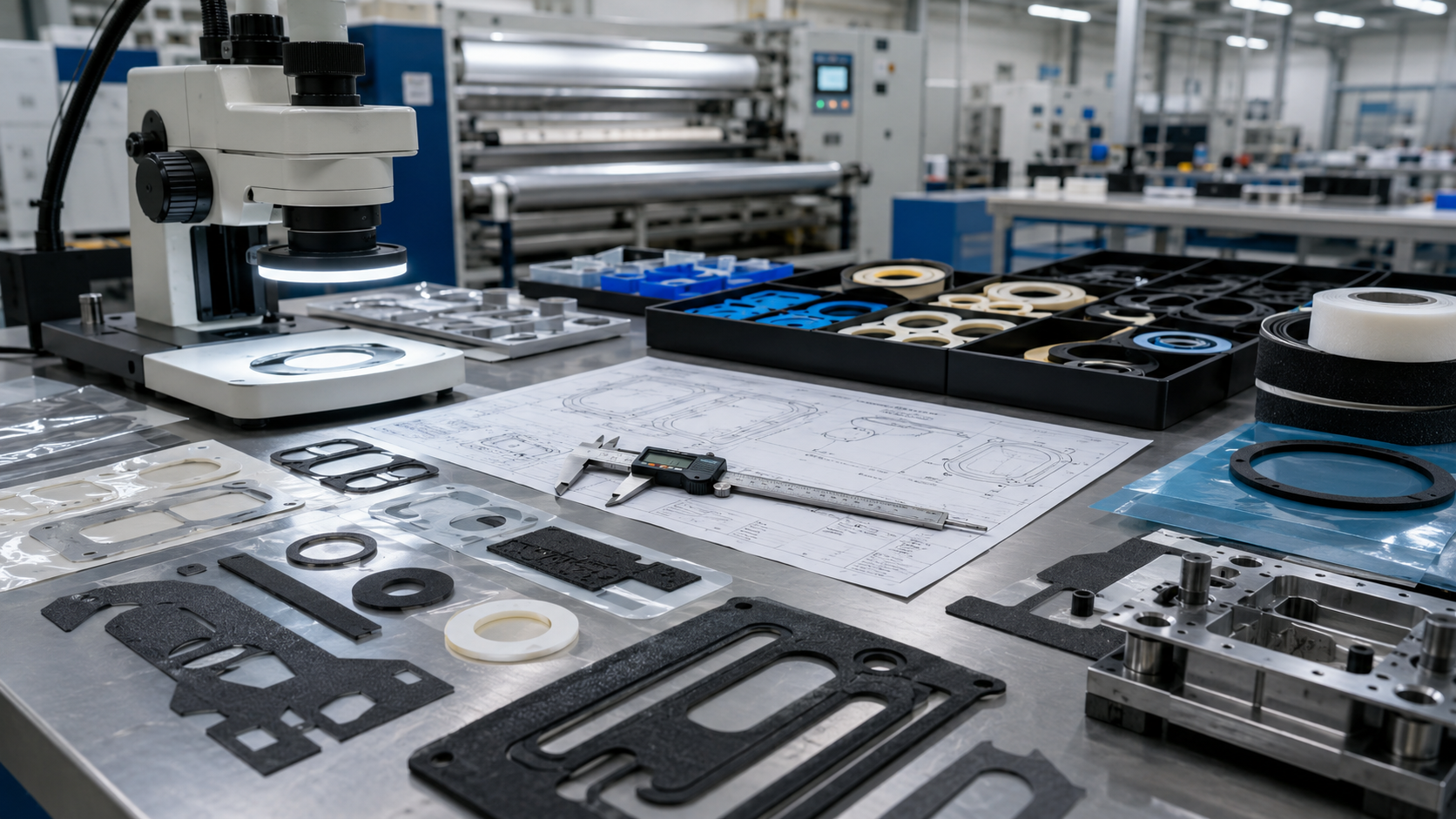 A realistic engineering review scene showing custom die cut foam gaskets, rubber seals, PET insulation films, and adhesive tape parts with narrow bridges and thin wall features placed on a clean factory workbench. The scene includes CAD drawings, calipers, magnifying inspection tools, sample trays, and precision tooling components. The image should represent minimum width review for automotive electronics, industrial sealing, and OEM precision die cutting applications, no text, no labels, no logos, high-resolution industrial product photography style.