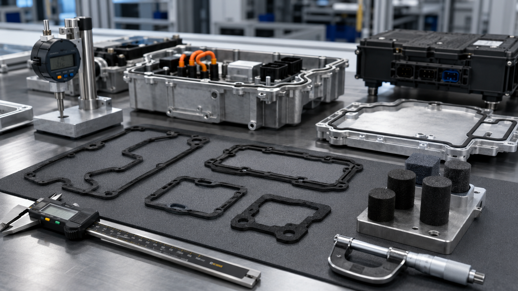 A realistic quality inspection scene showing narrow die cut foam gasket samples being measured on a clean inspection table, with calipers, thickness gauges, compression test blocks, and automotive electronic enclosure parts nearby. The image should focus on checking minimum wall width, edge quality, and compression stability of foam gaskets used for automotive electronics sealing, no text, no labels, no logos, professional industrial photography style.