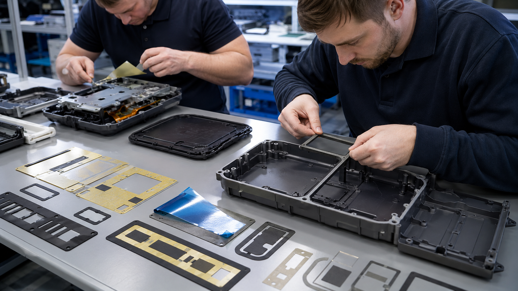 A realistic OEM pre-production validation scene showing engineers fitting narrow-feature die cut foam gaskets, adhesive tape parts, and PET insulation films into automotive electronics housings and industrial device covers. The image should show assembly fit checking, liner removal, edge inspection, and minimum width validation on a clean workbench, no text, no labels, no logos, high-resolution industrial application photography style.