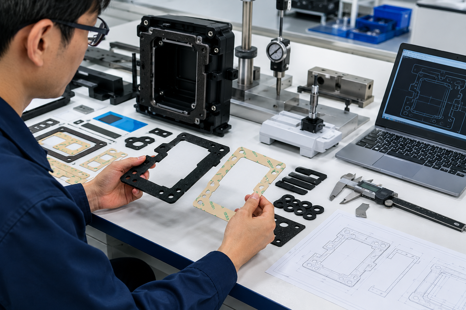Engineer reviewing custom die cut parts before trial production
