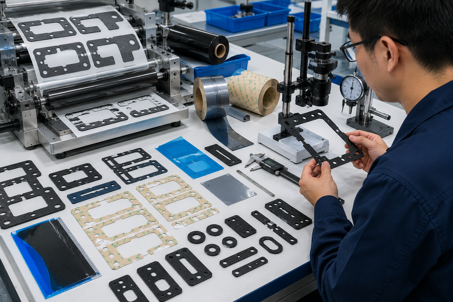 Precision die cutting trial with foam PET film and adhesive materials