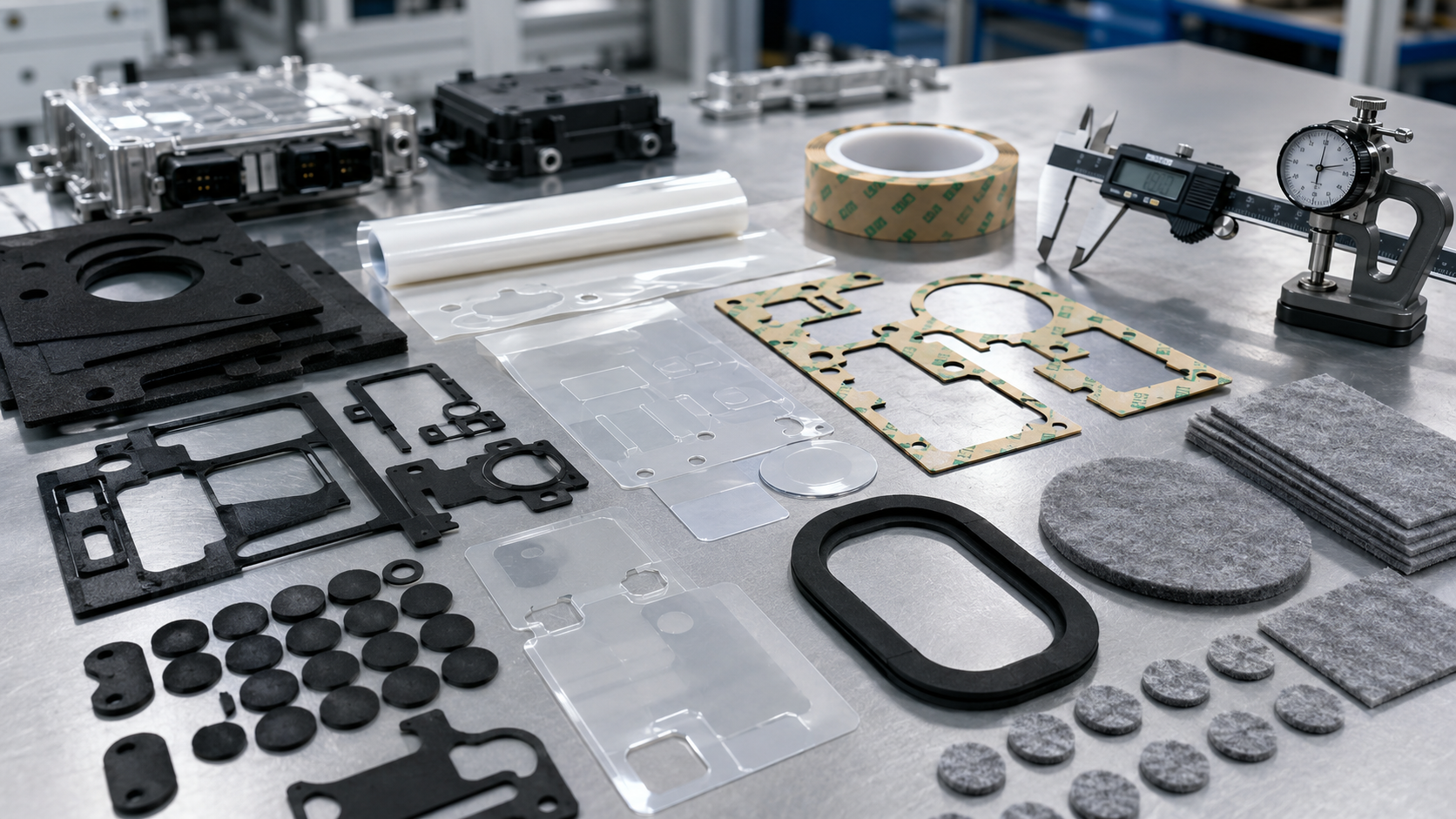 Custom die cut materials including foam rubber PET film adhesive tape and felt