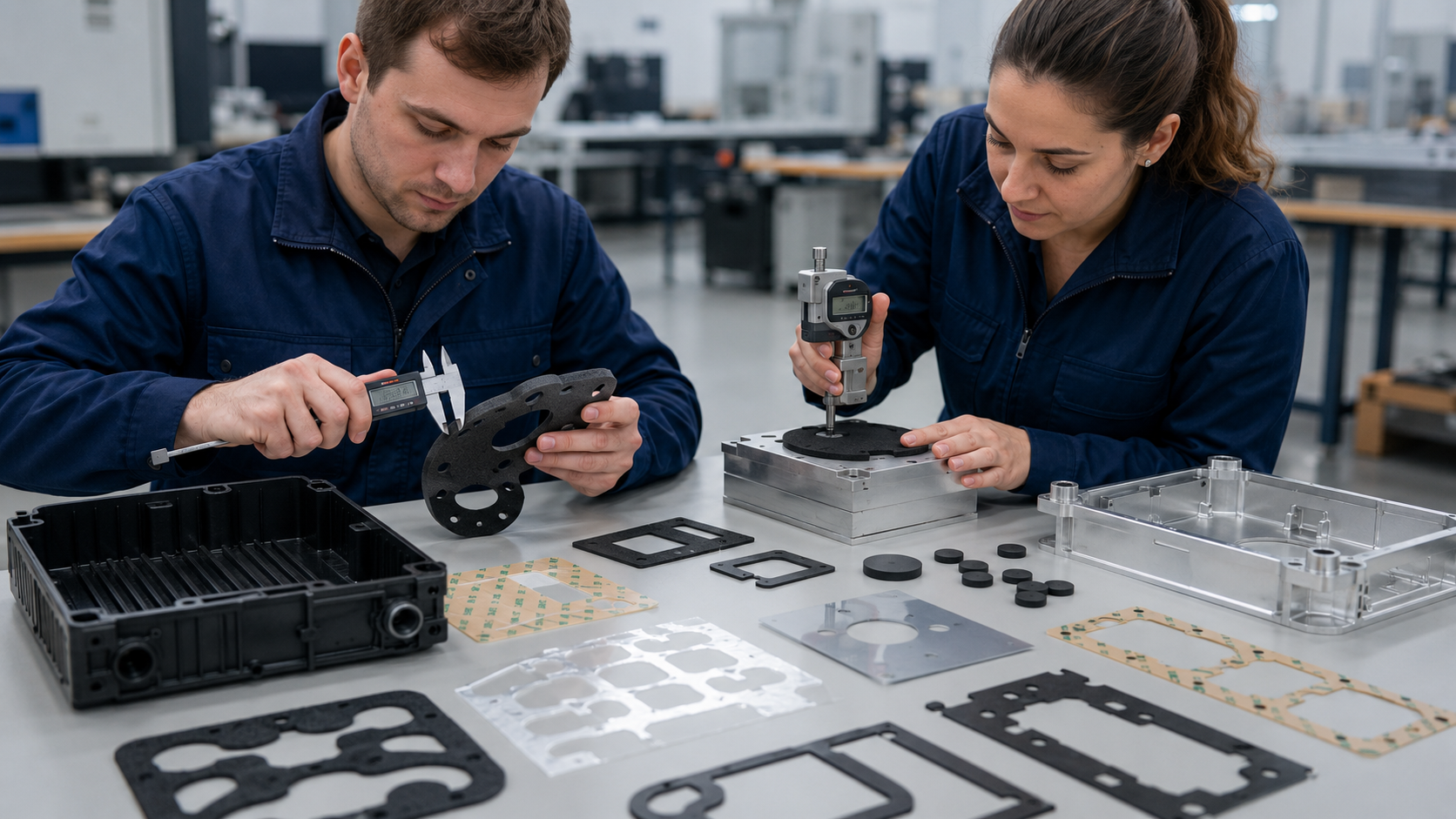 OEM engineers inspecting precision die cut samples before mass production