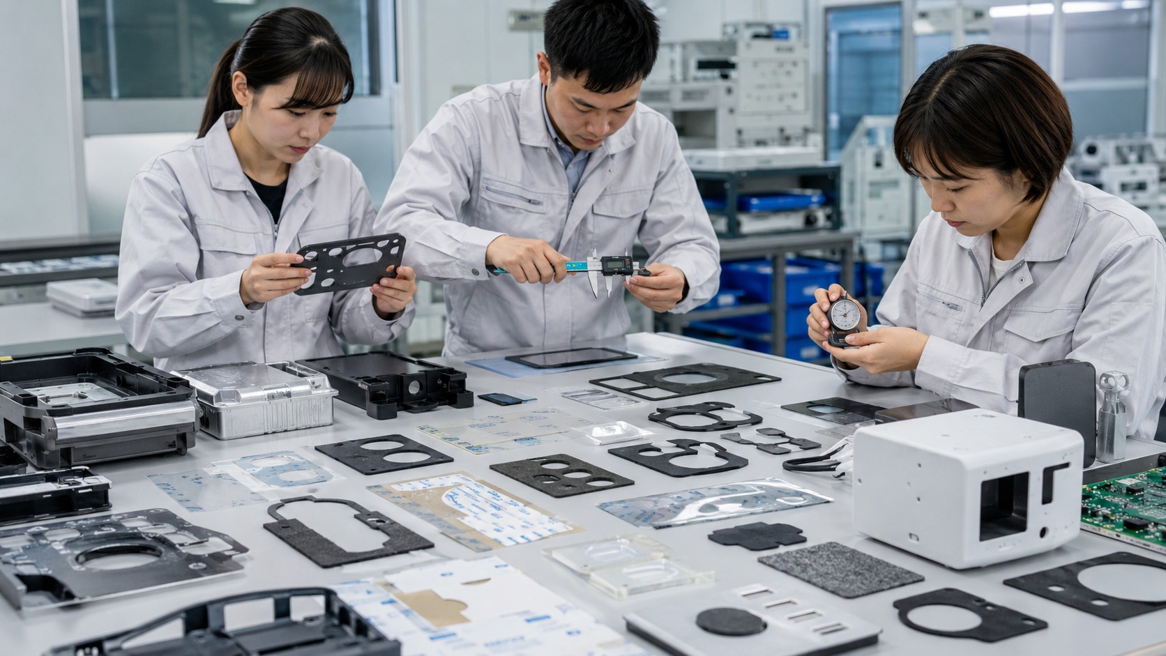 OEM engineers inspecting precision die-cut samples before supplier approval