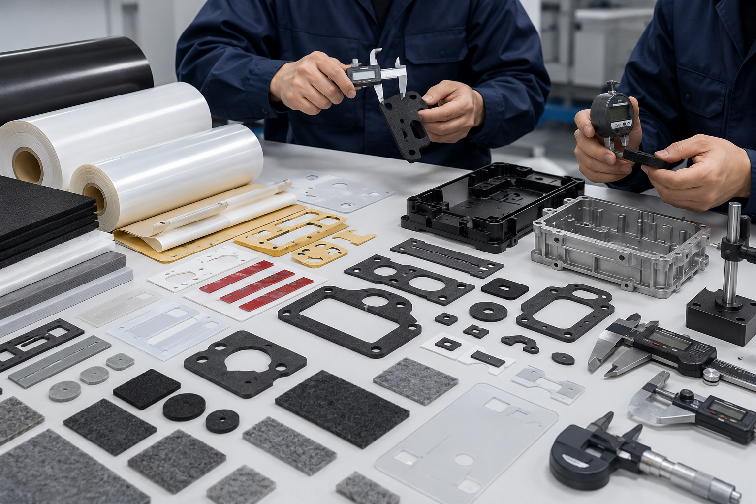 OEM engineers inspecting precision die cut components from raw materials