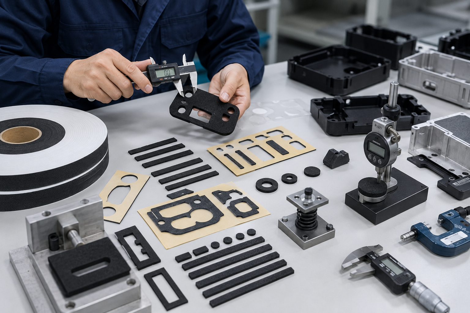 OEM engineers inspecting die cut components before mass production
