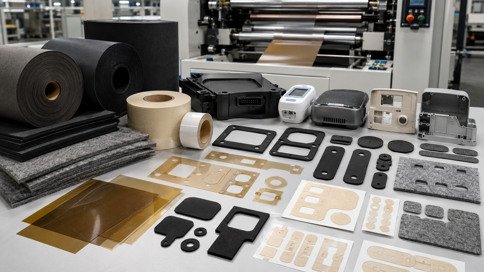 Foam rubber PET film adhesive tape and felt converted into die cut OEM parts