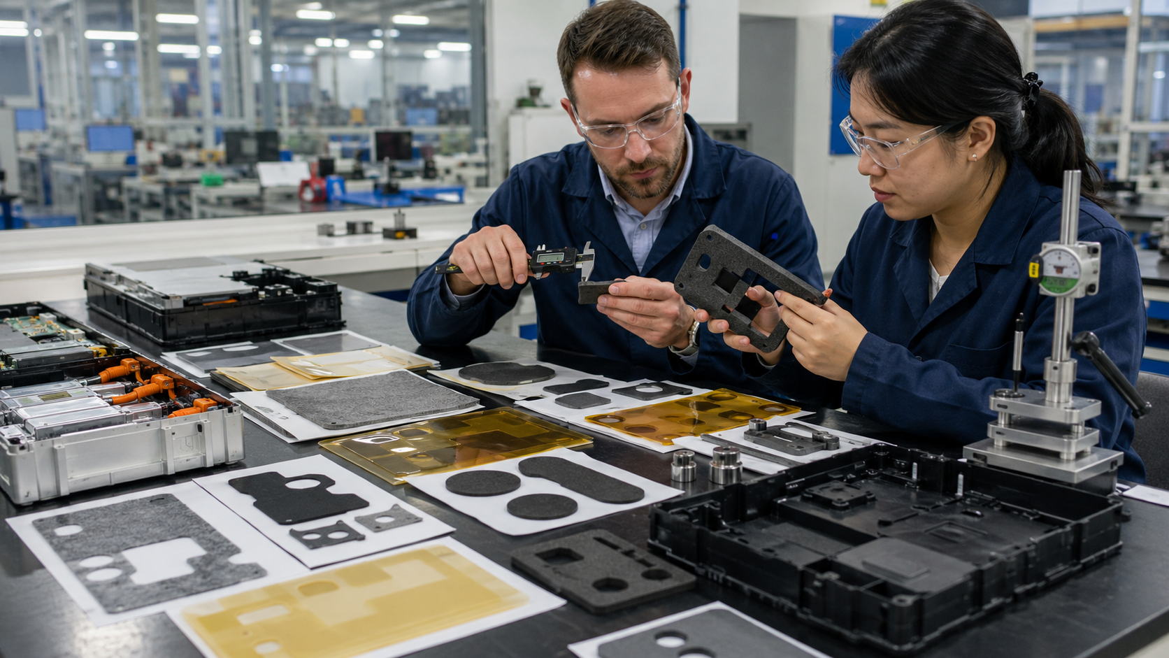 OEM engineers comparing foam rubber PET film and felt insulation components