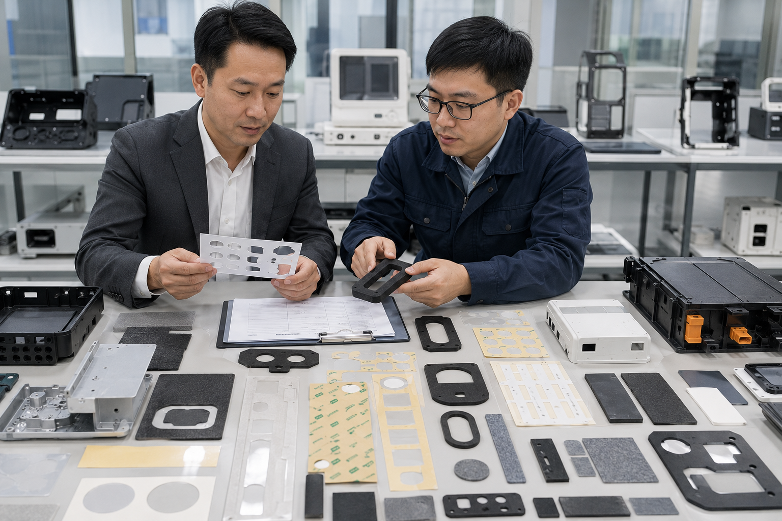 Purchasing manager reviewing precision die cut supplier samples
