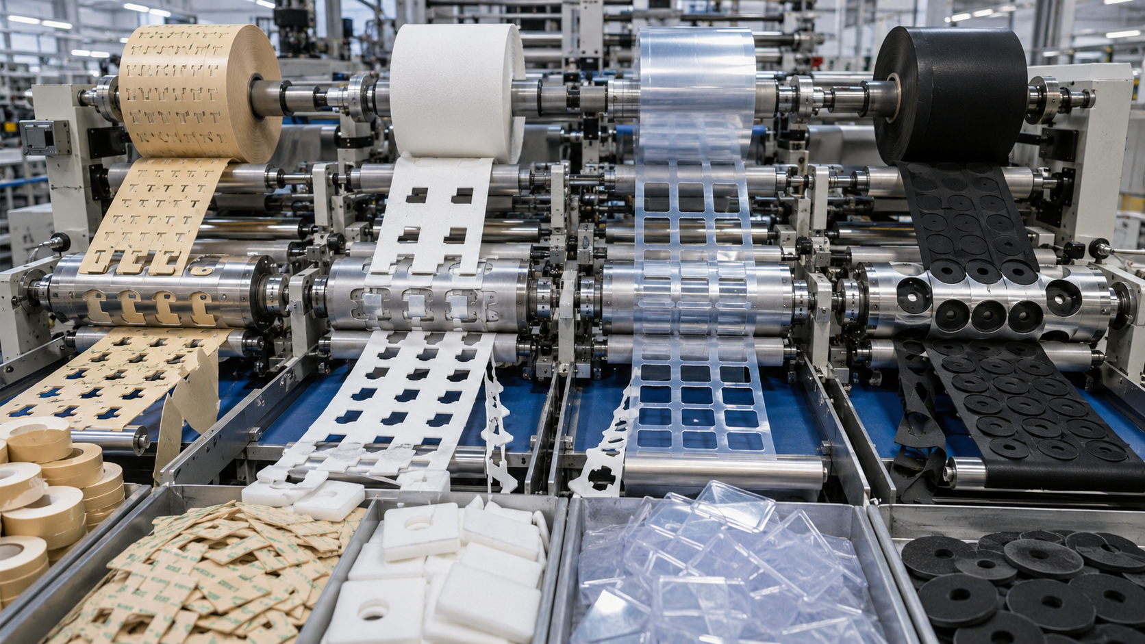 Rotary die cutting process for adhesive tape, foam, PET film and rubber components