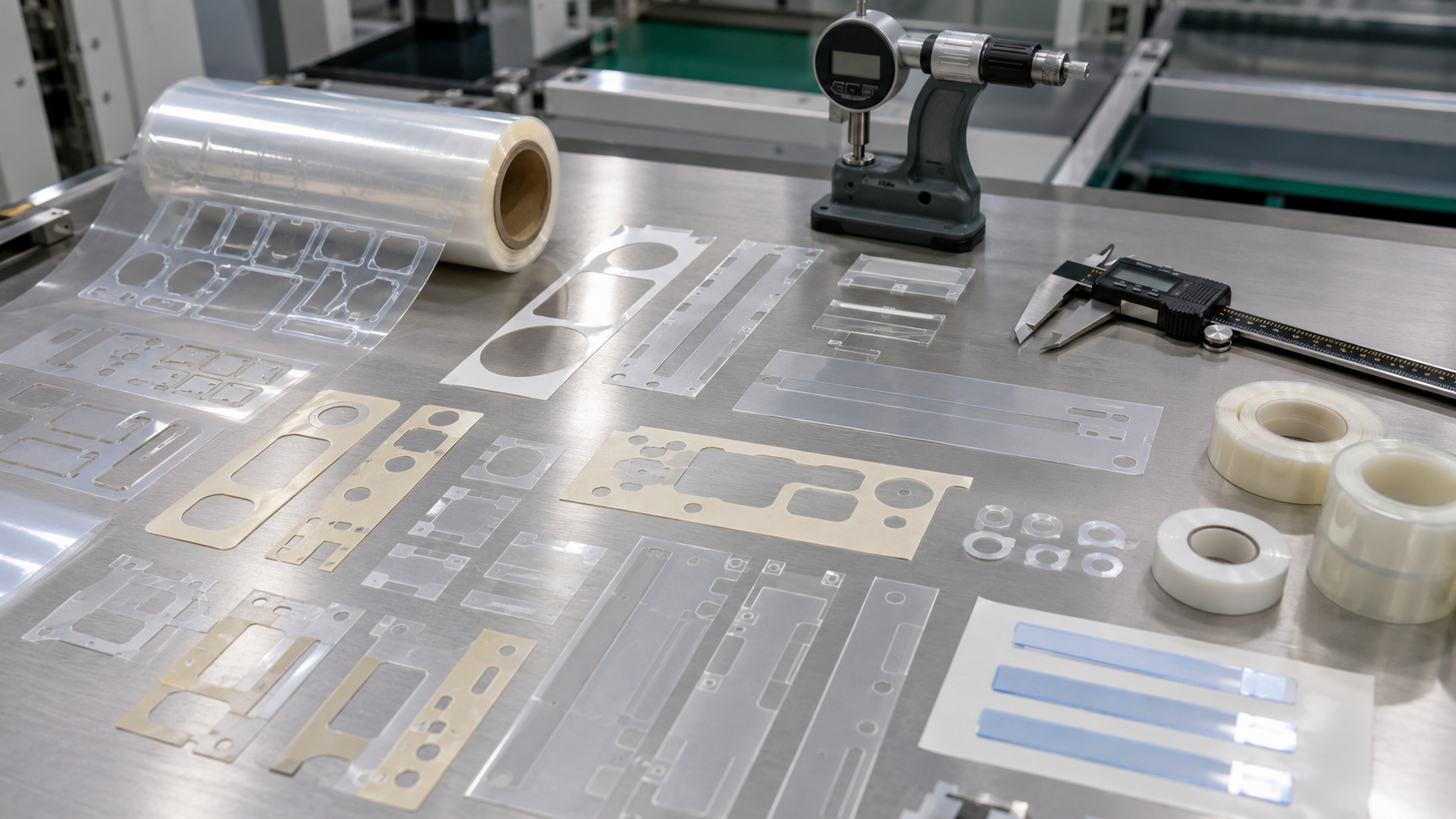 Precision die cutting of PET film adhesive stickers and tape components