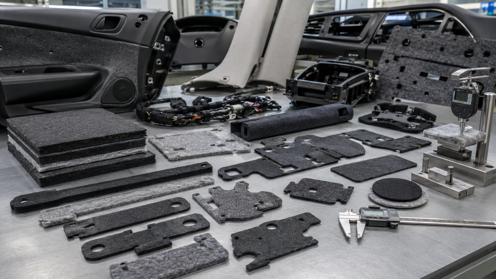 Adhesive-backed needle-punched nonwoven felt die cutting for automotive interiors