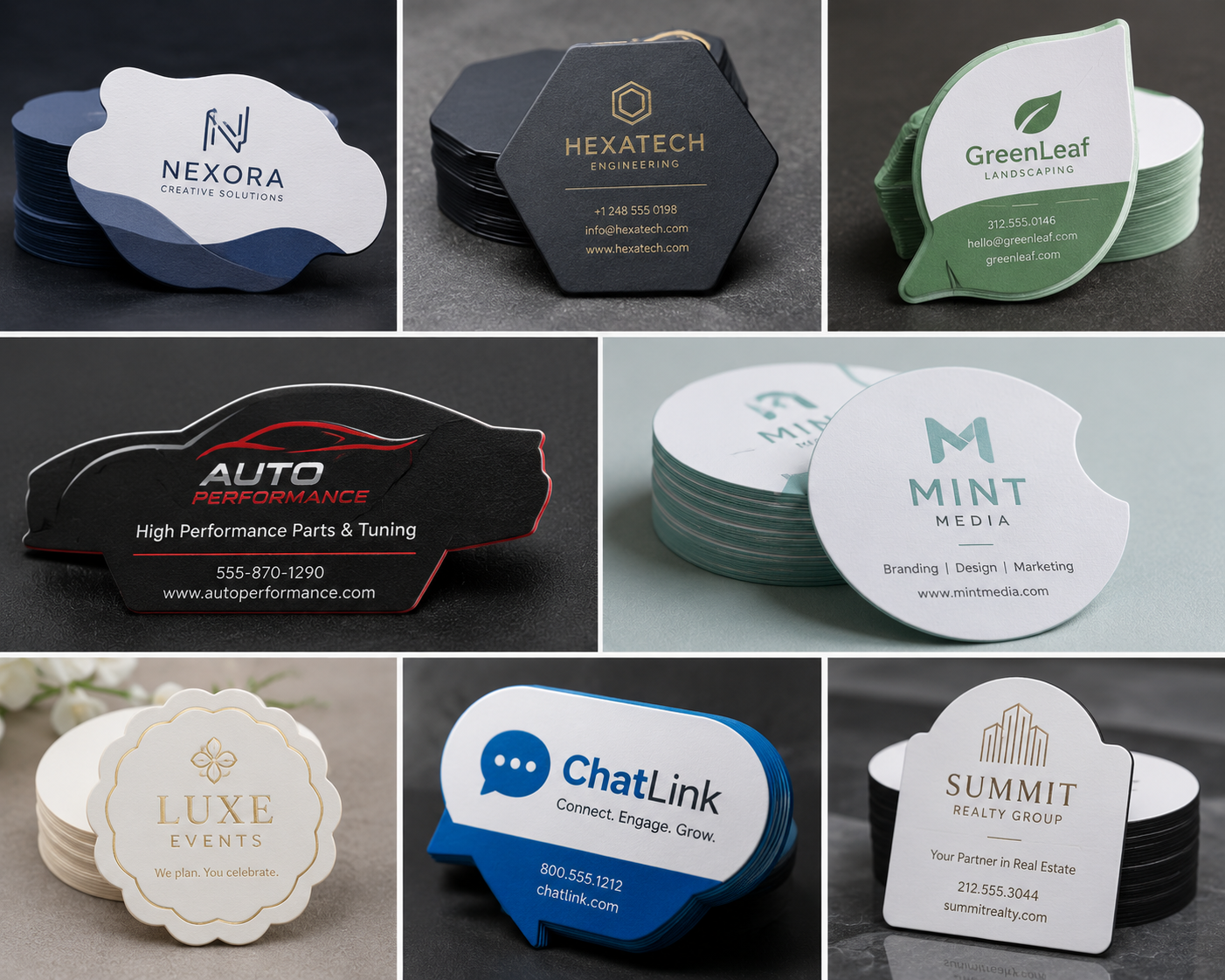 Custom-shaped business cards with die cut edges and rounded profiles