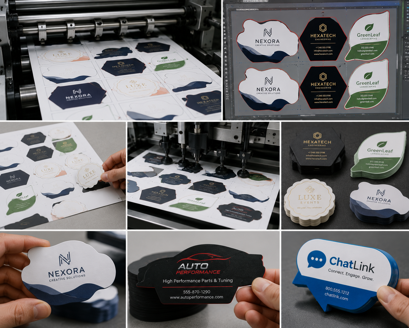 Printing and die cutting custom-shaped business cards from printed sheets