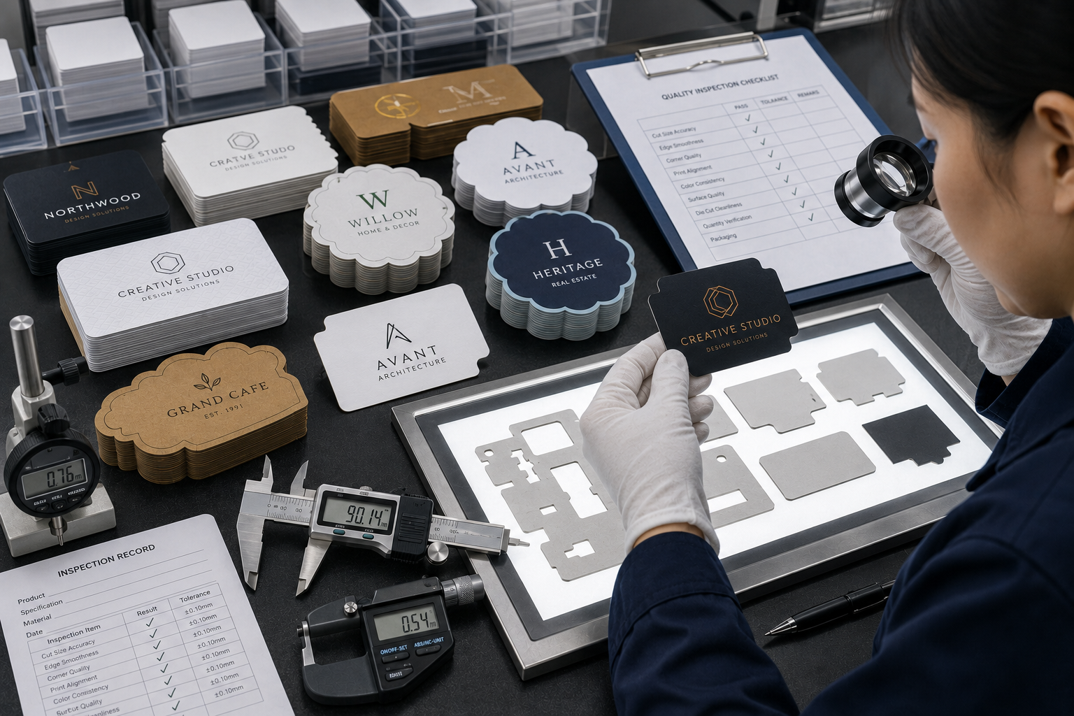 Quality inspection of die cut business cards and precision cut samples