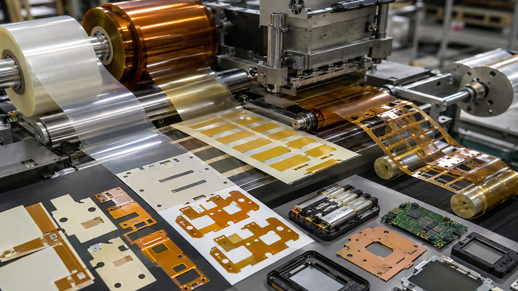 Adhesive-backed PET and PI insulation films being kiss cut