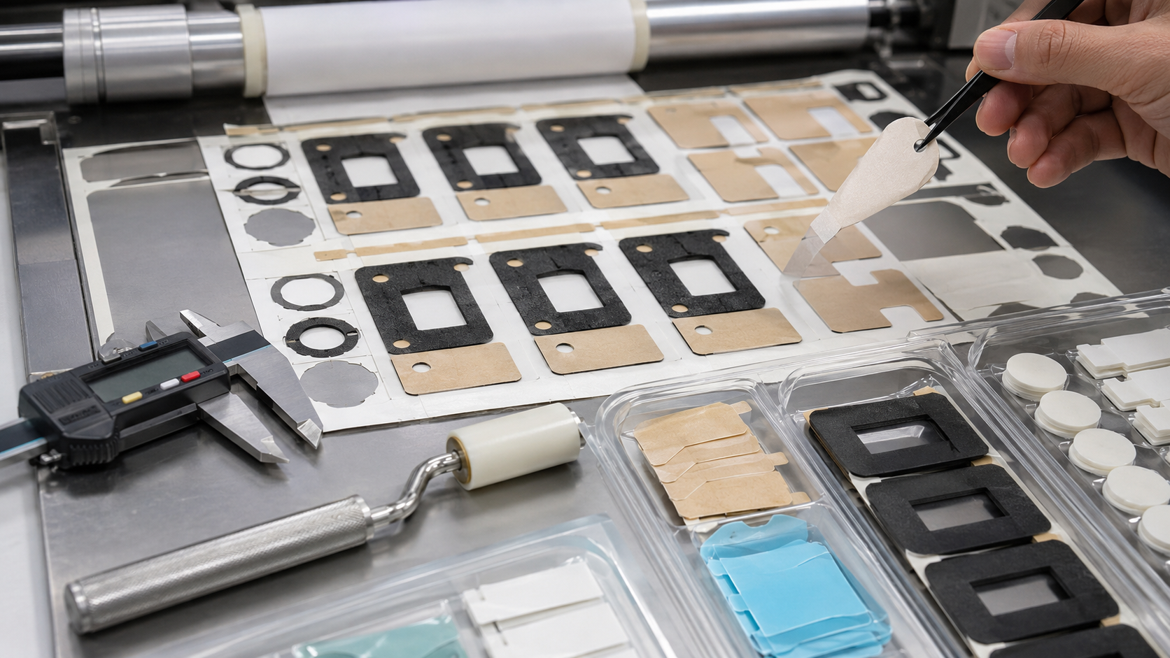 Kiss cutting adhesive backed industrial components on release liner