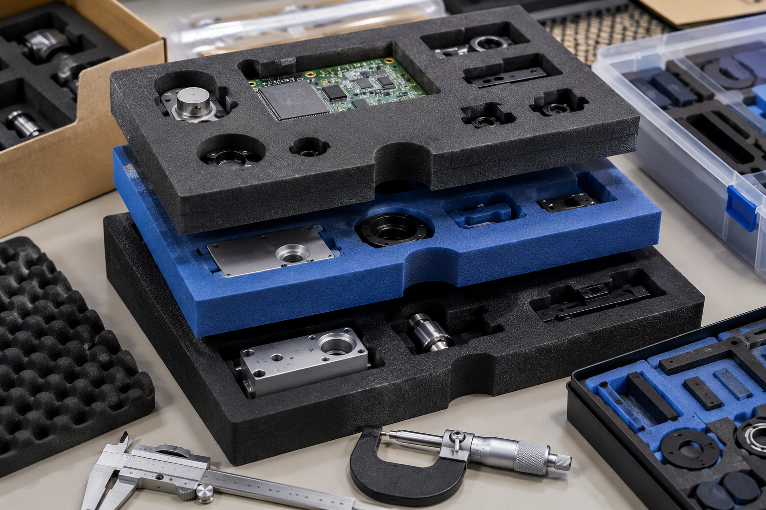 Layered foam insert cavity design with finger notches and assembly clearance