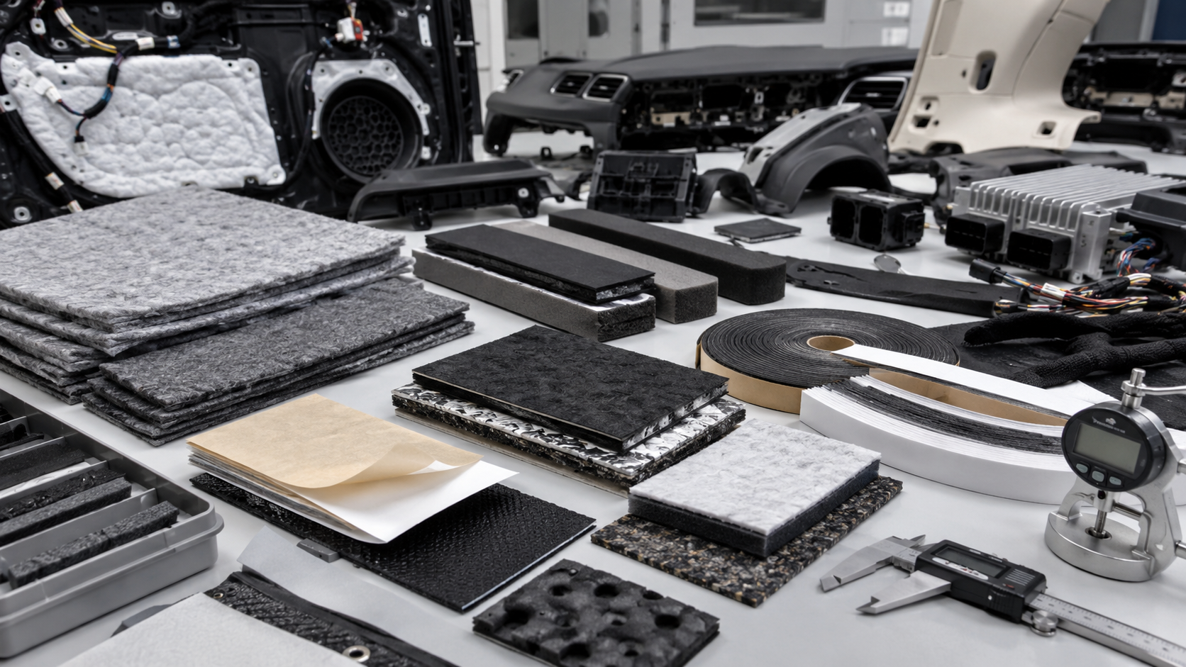 Automotive NVH felt foam rubber and tape material samples