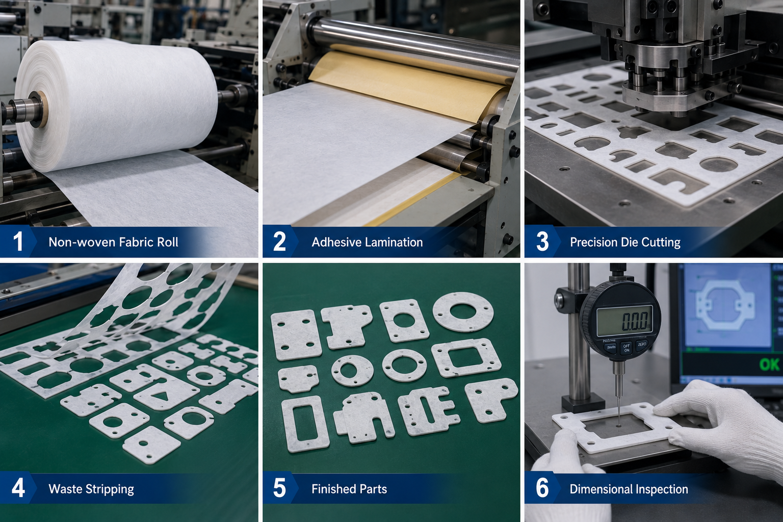 Non-woven fabric die cutting process with adhesive lamination, waste stripping, and dimensional inspection