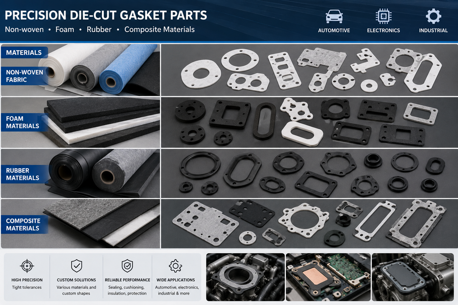 Precision die-cut non-woven, foam, rubber, and composite gasket parts for automotive, electronics, and industrial applications