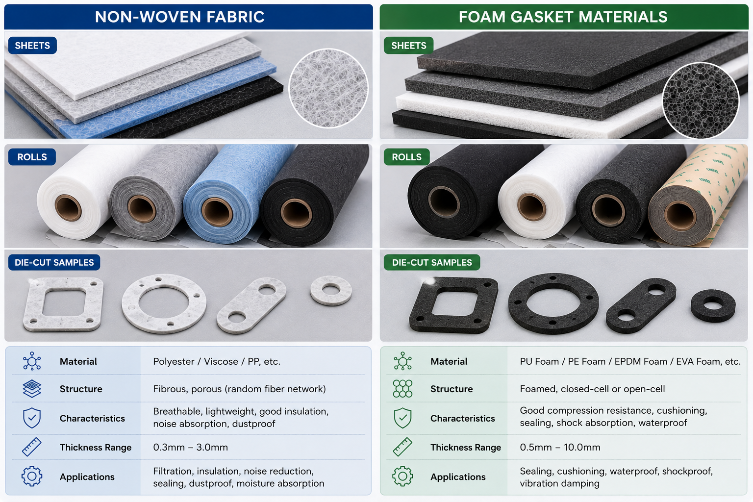 Adhesive-backed foam and non-woven gasket materials being laminated, die cut, and waste stripped for industrial assembly