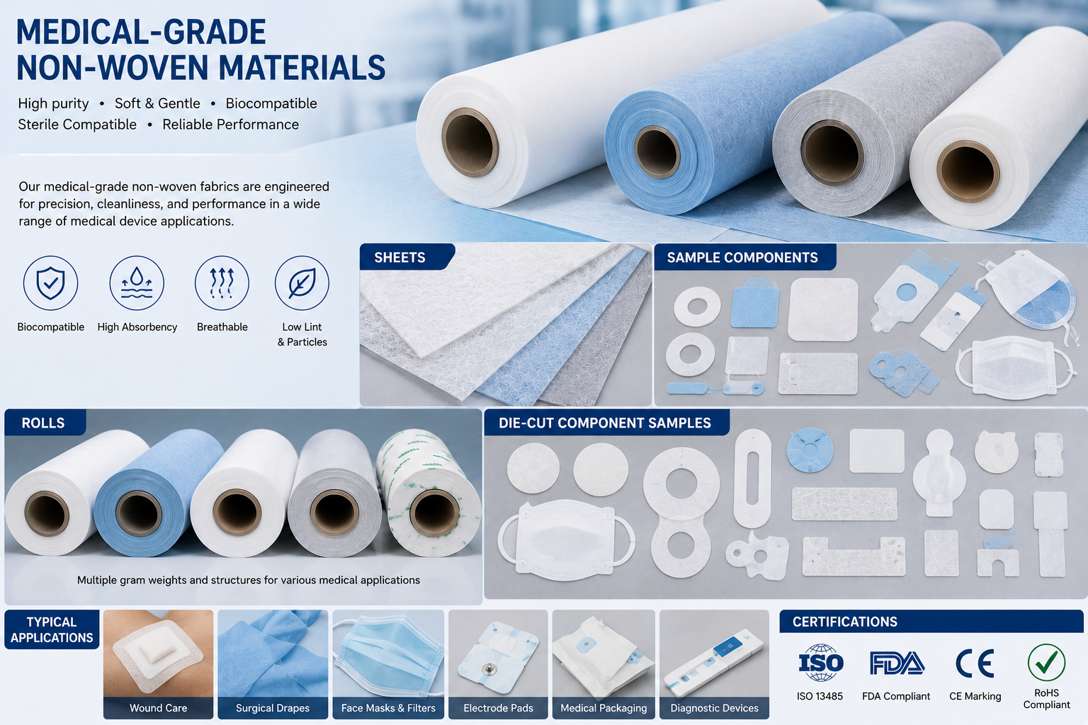 Medical-grade non-woven material rolls, sheets, and sample components for device manufacturing
