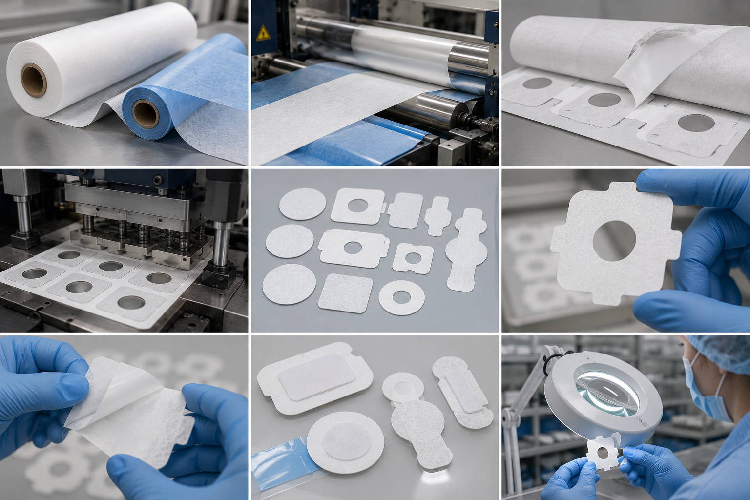 Adhesive-backed non-woven material being laminated, precision die cut, and inspected for clean medical device components