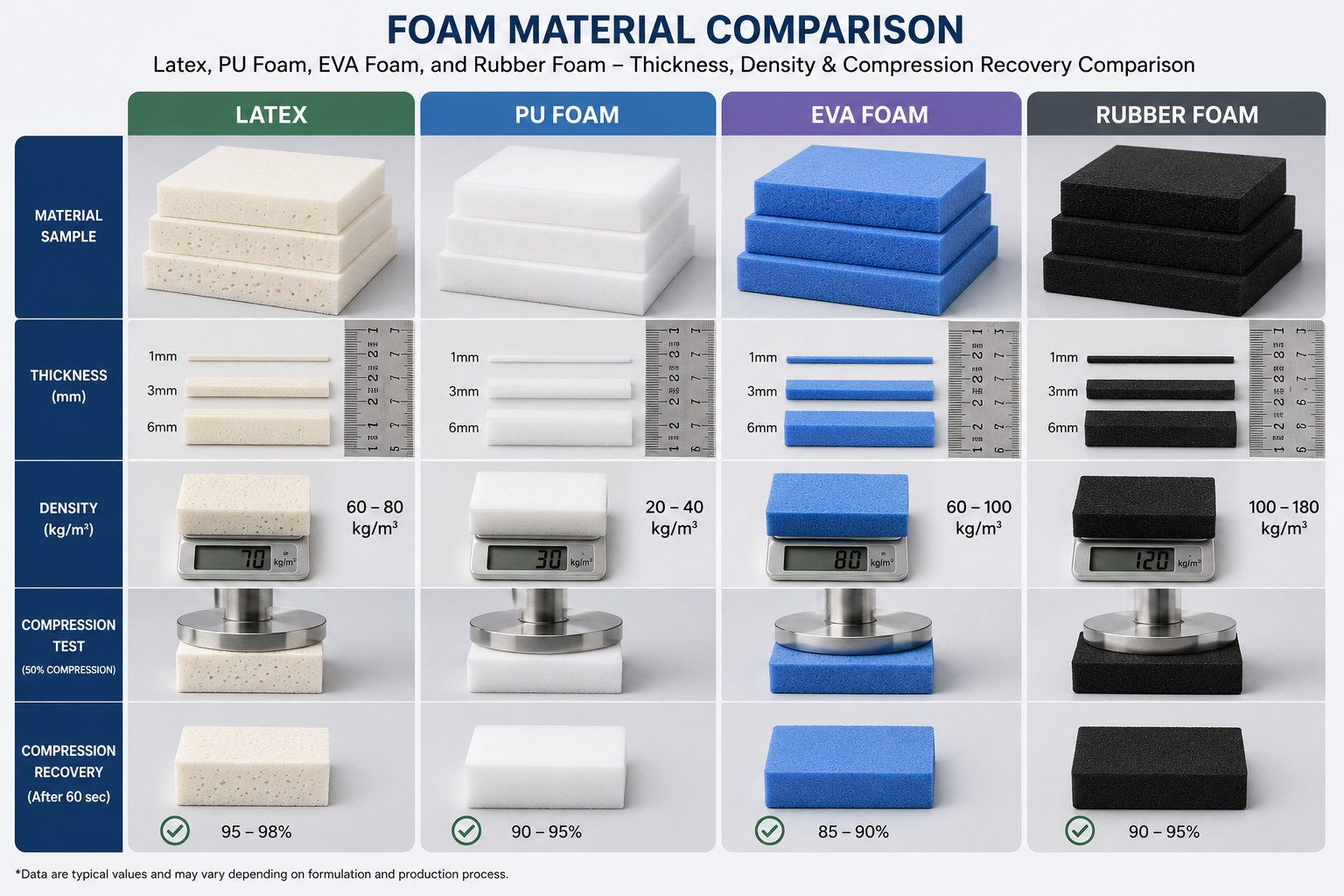 Latex, PU foam, EVA foam, and rubber foam material samples showing thickness, density, and compression recovery comparison