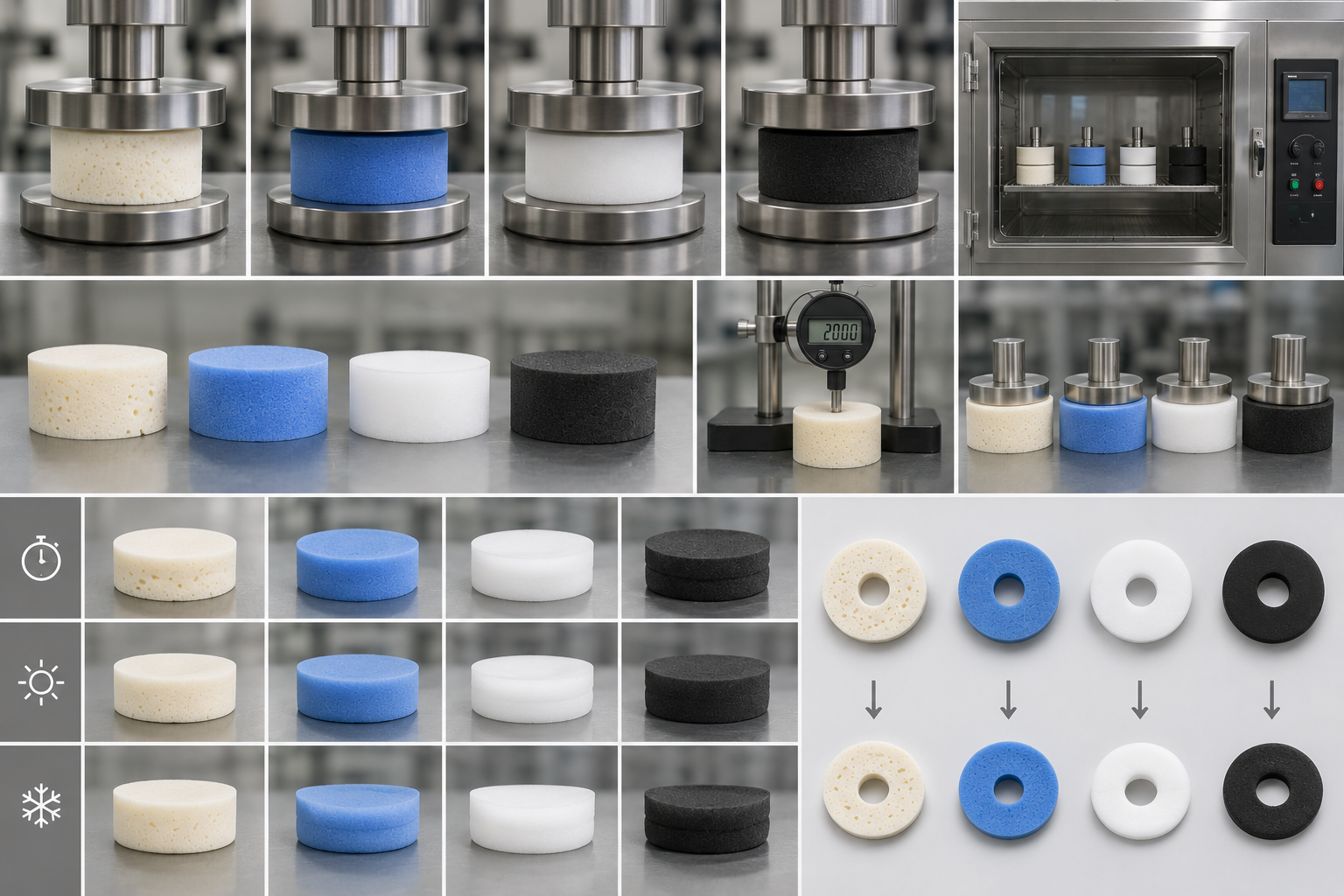 Compression set testing of latex, EVA foam, PU foam, and rubber foam samples under controlled pressure and aging conditions