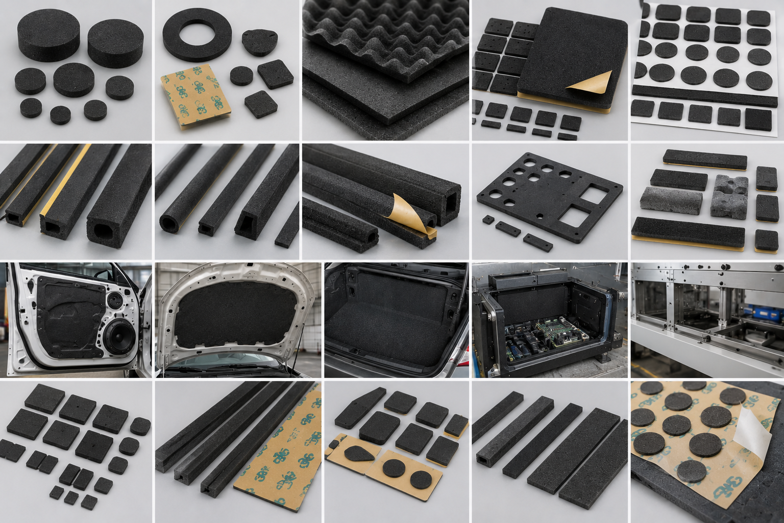 Precision cut foam board components, foam strips, gaskets, cushioning pads, and adhesive-backed foam parts for automotive, electronics, packaging, and industrial assembly