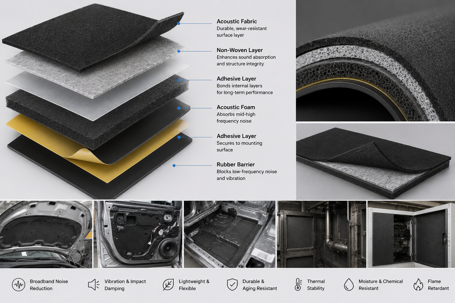 Multilayer acoustic material structure combining foam, non-woven fabric, adhesive layer, and rubber barrier for noise reduction