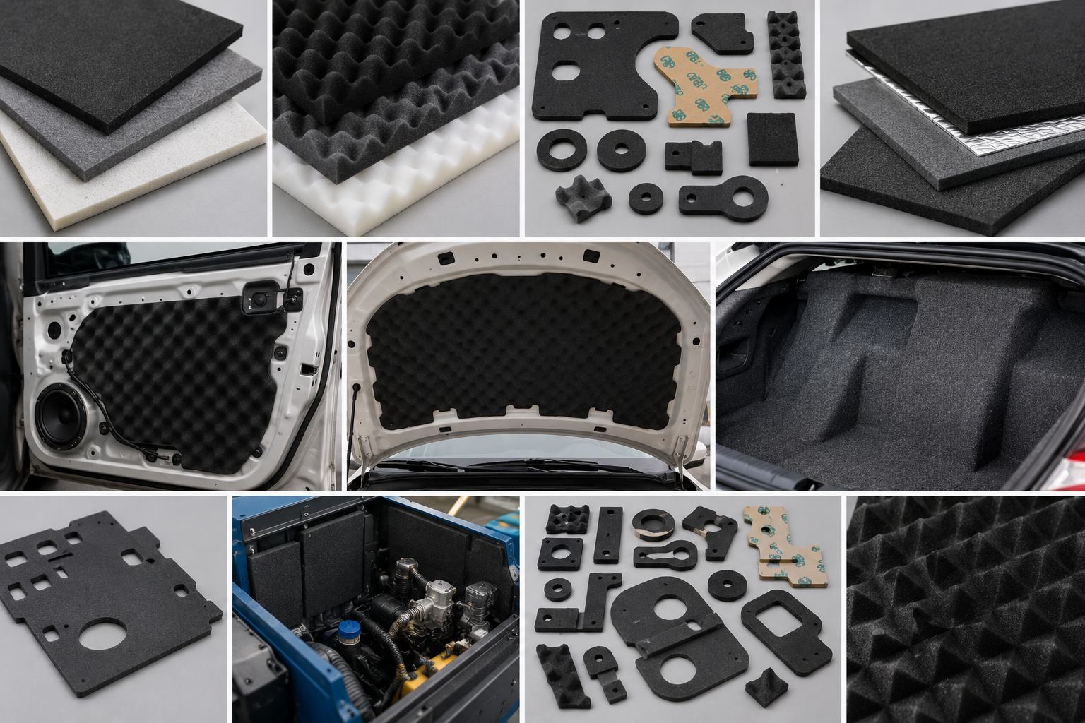 Foam sheets, acoustic foam samples, and die-cut sound damping components for automotive and industrial applications