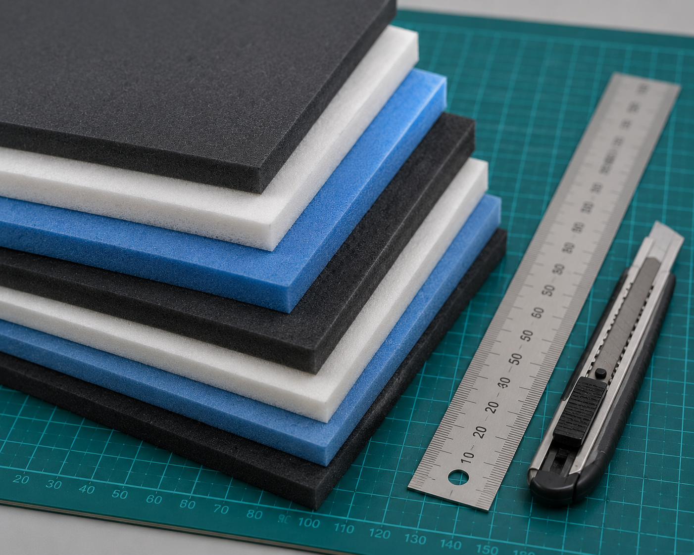 Foam boards in different thicknesses prepared with a sharp utility knife, metal ruler, and cutting mat before straight cutting