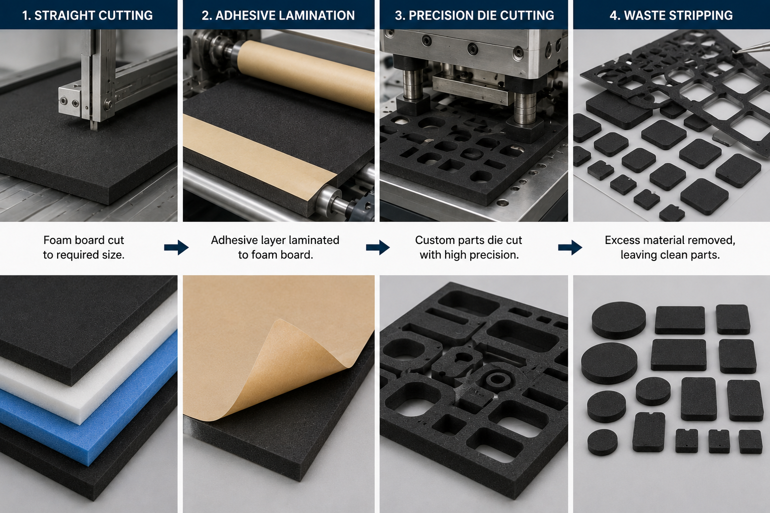 Foam board being processed through straight cutting, adhesive lamination, precision die cutting, and waste stripping for custom parts