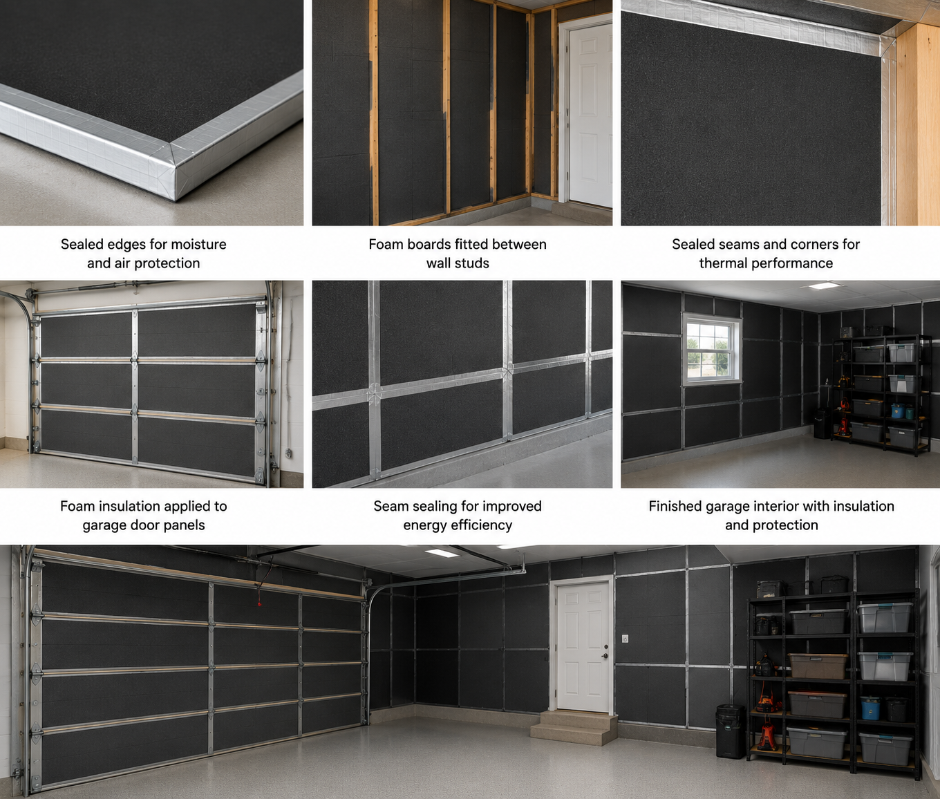 Garage wall and door insulation using foam boards, sealed edges, and finished interior protection
