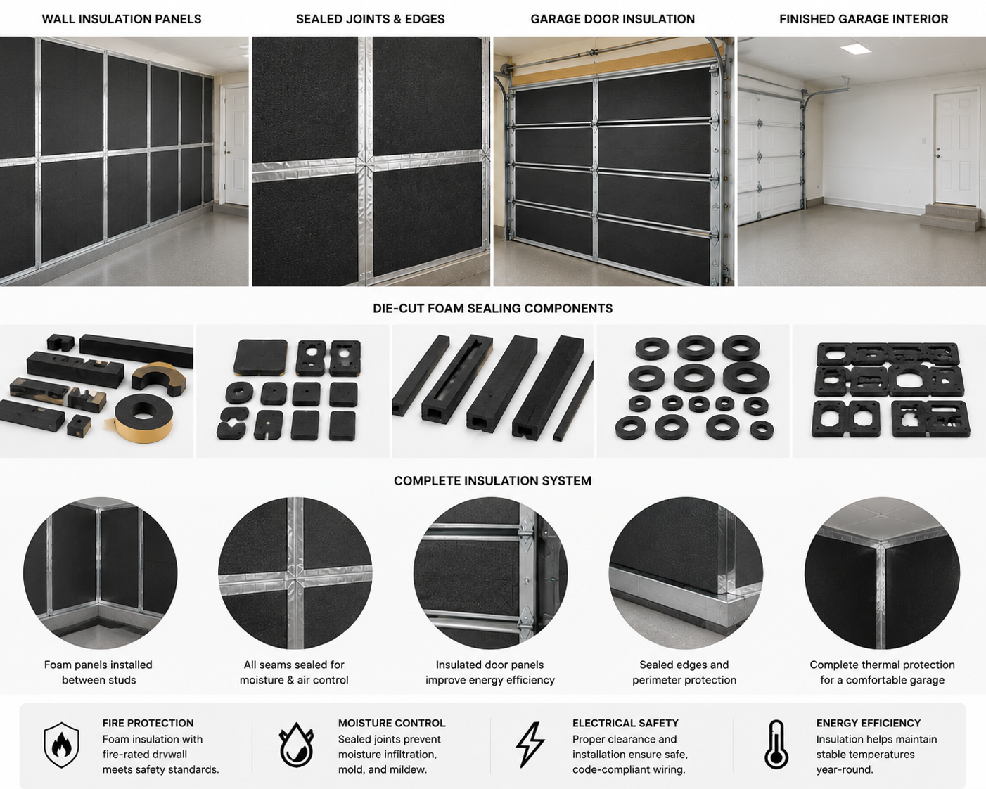 Finished garage insulation components including foam panels, sealed joints, door inserts, and die-cut foam sealing parts