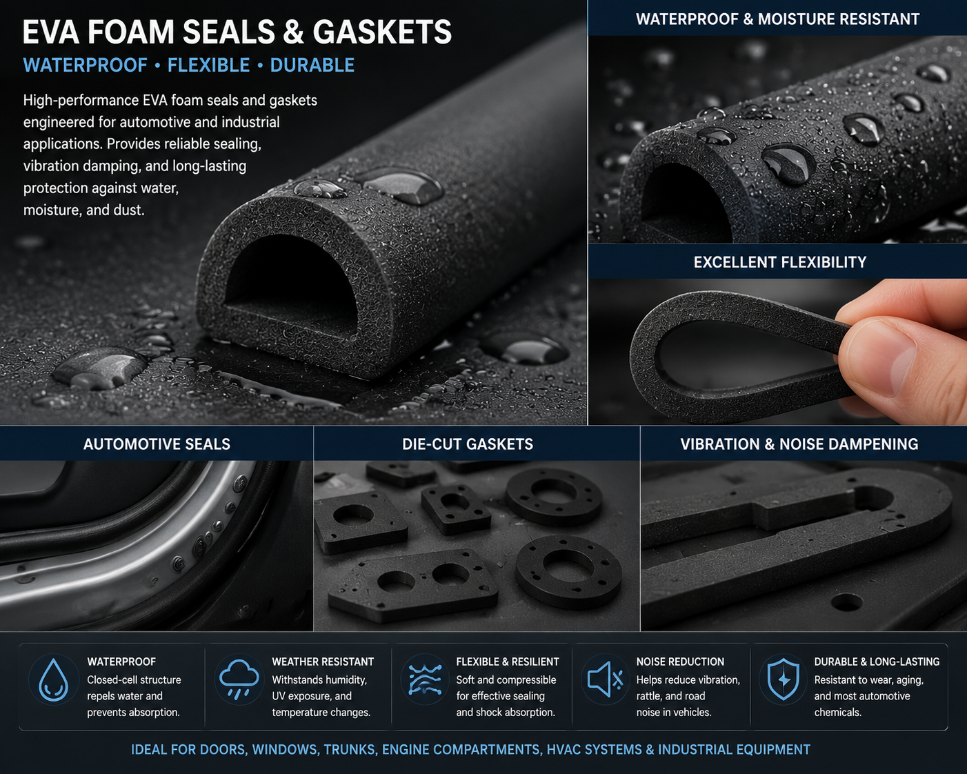 EVA foam sheets, rolls, and die-cut pads demonstrating waterproof properties and applications in automotive and industrial use