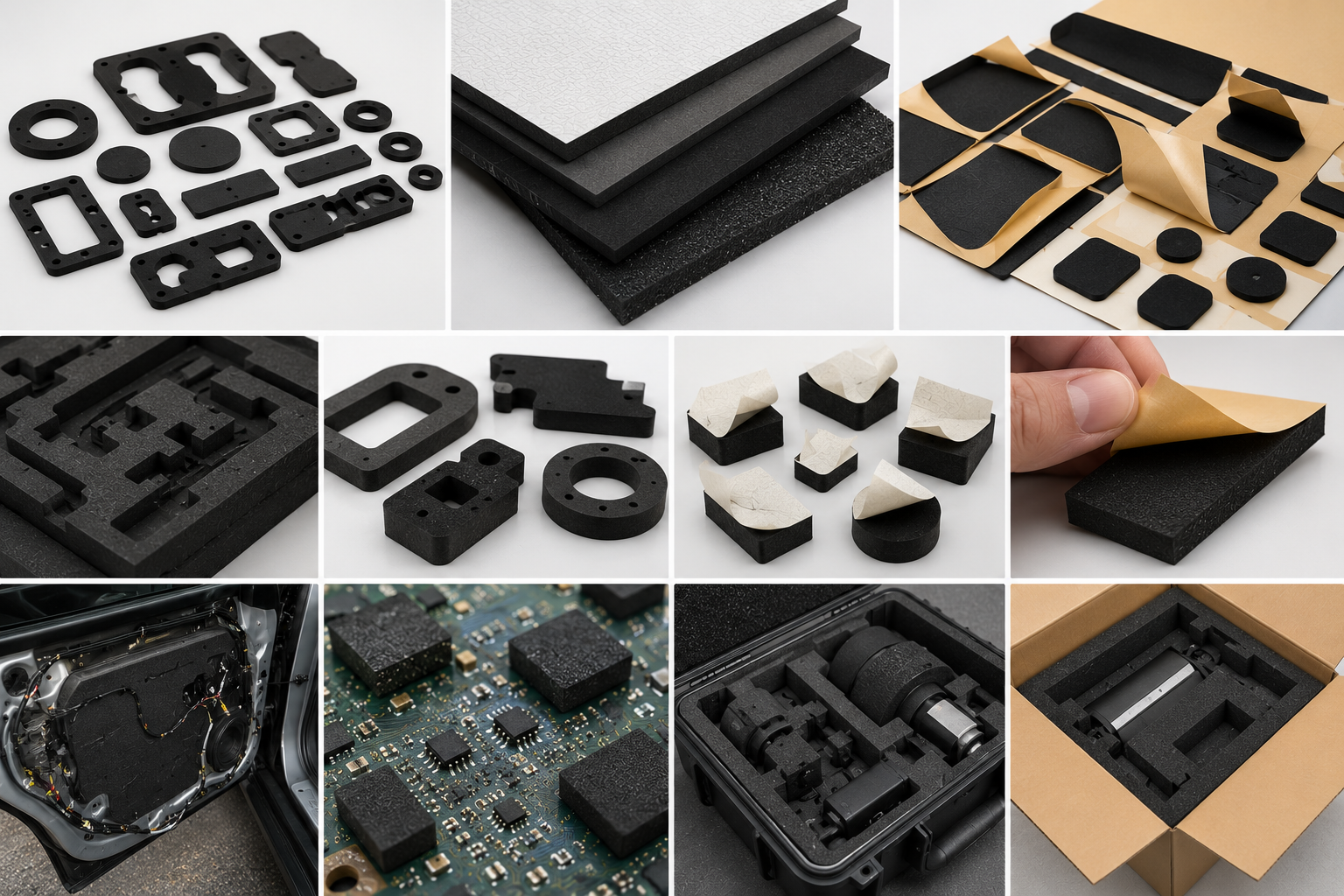 Industrial EVA foam die-cut parts, laminated and adhesive-backed for automotive, electronics, and packaging applications
