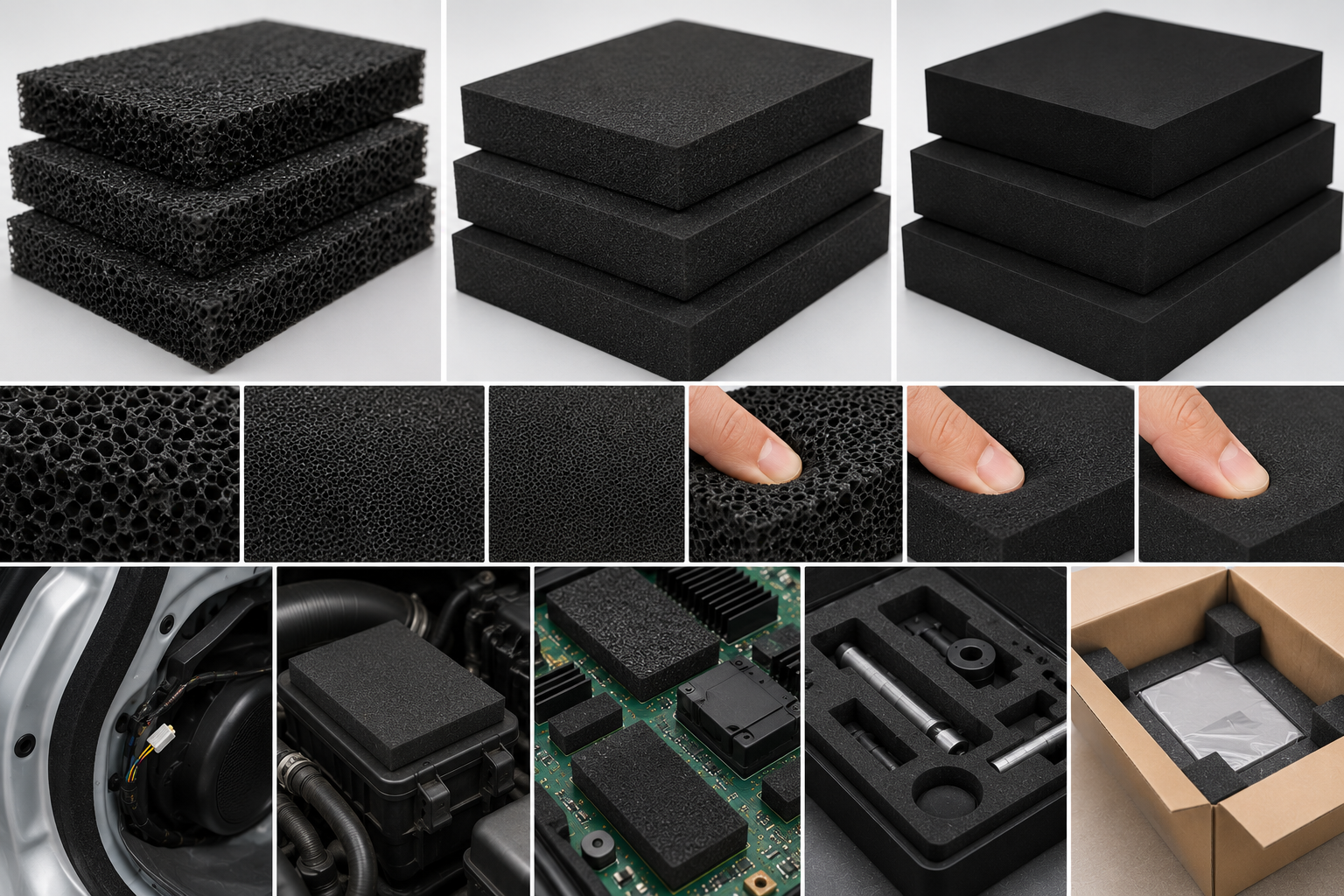 Different foam sheets and blocks showing varying densities from low, medium to high for industrial and automotive applications