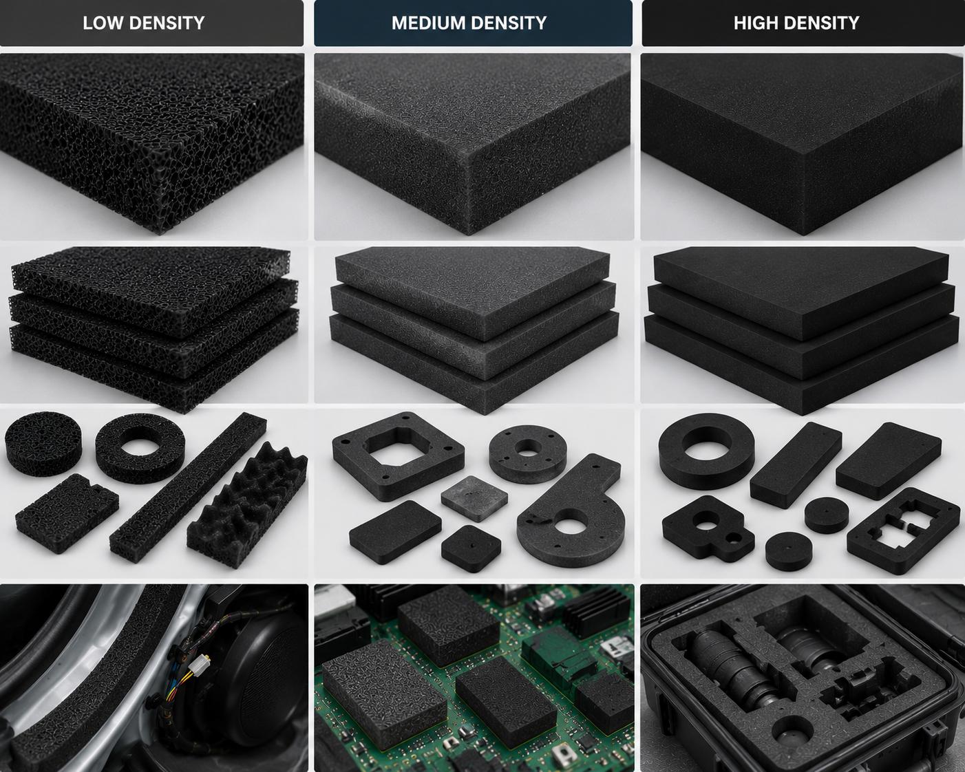 Foam samples demonstrating low, medium, and high-density varieties for automotive, electronics, and industrial uses