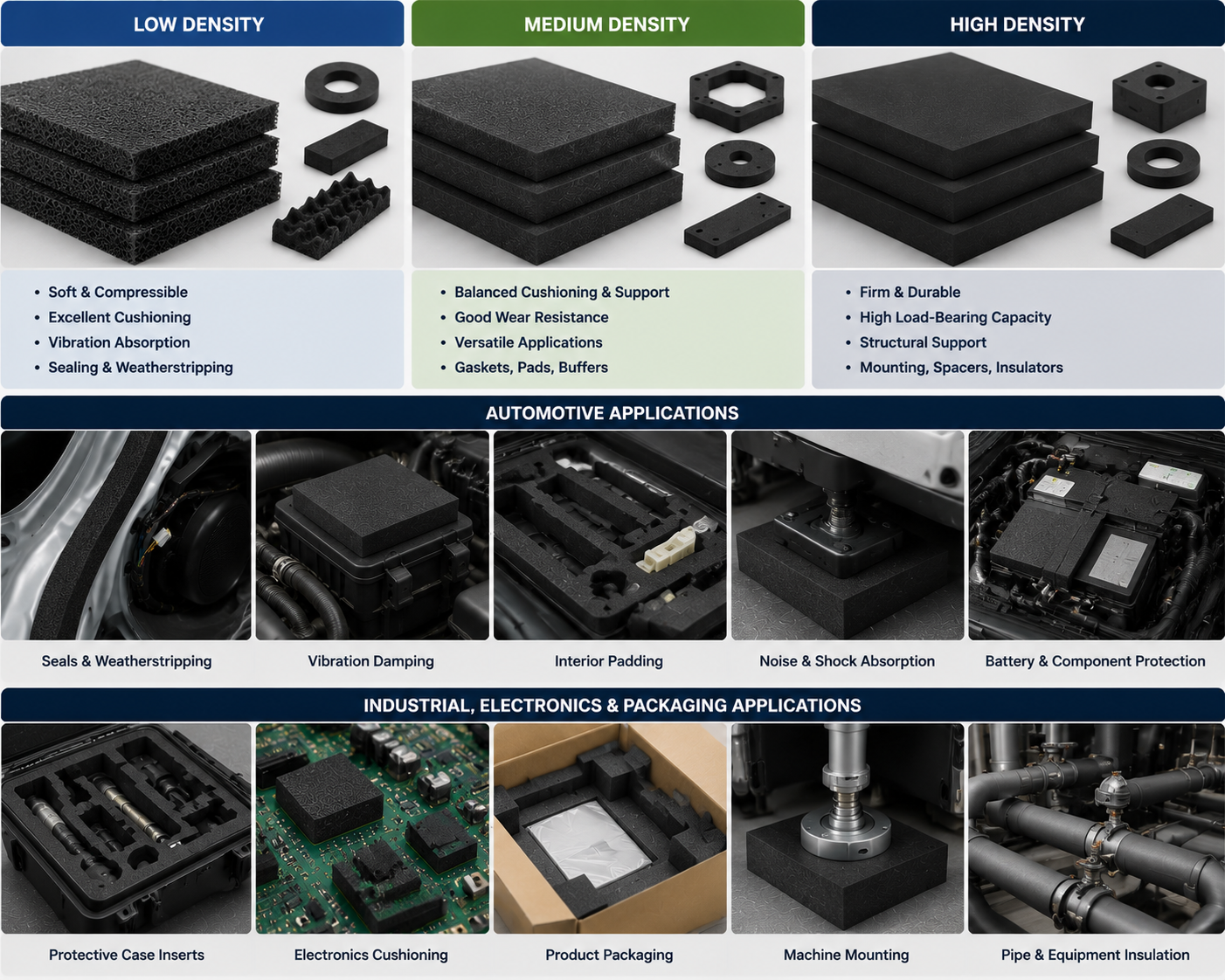 Industrial and automotive foam components showing different densities and functional applications