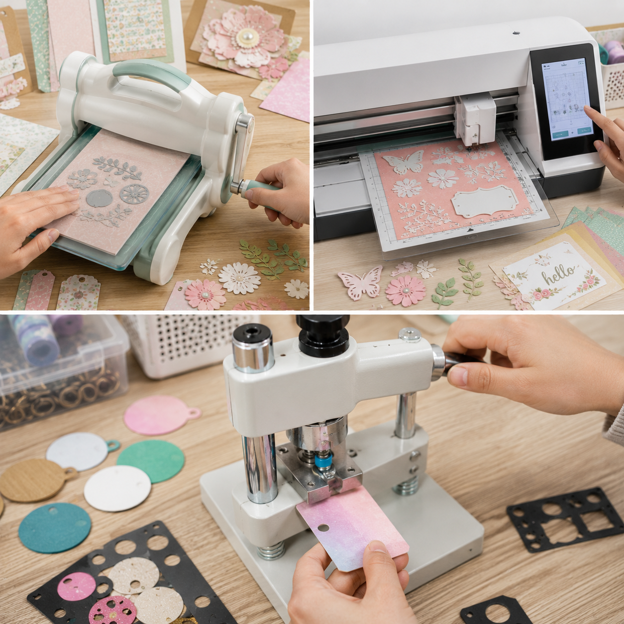 展示桌面手动模切机、电子模切机和冲孔工具操作现场,用于说明Scrapbooking中模切制作的应用过程