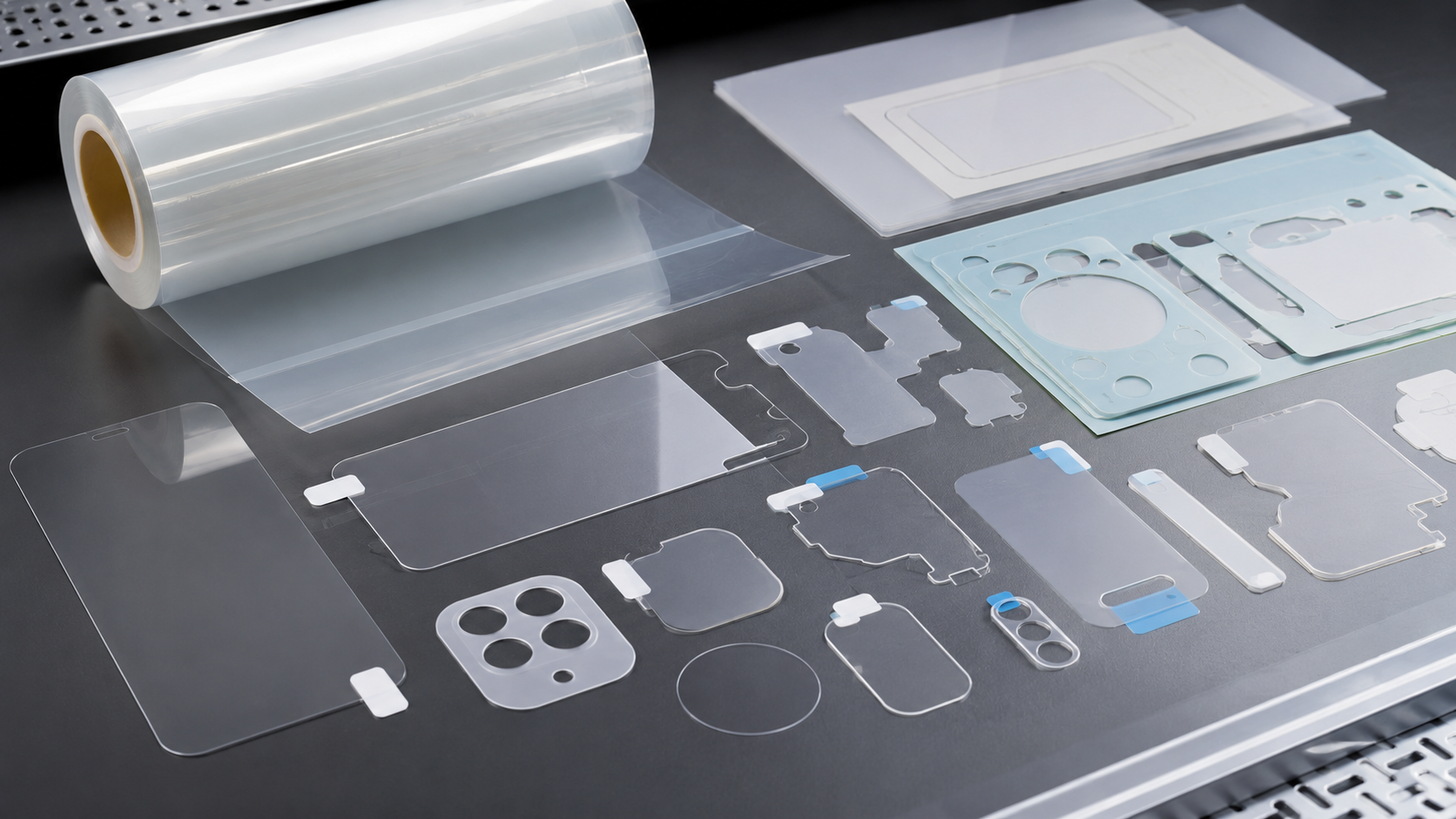 Optical protective film product display with PET film adhesive liner and die-cut shapes