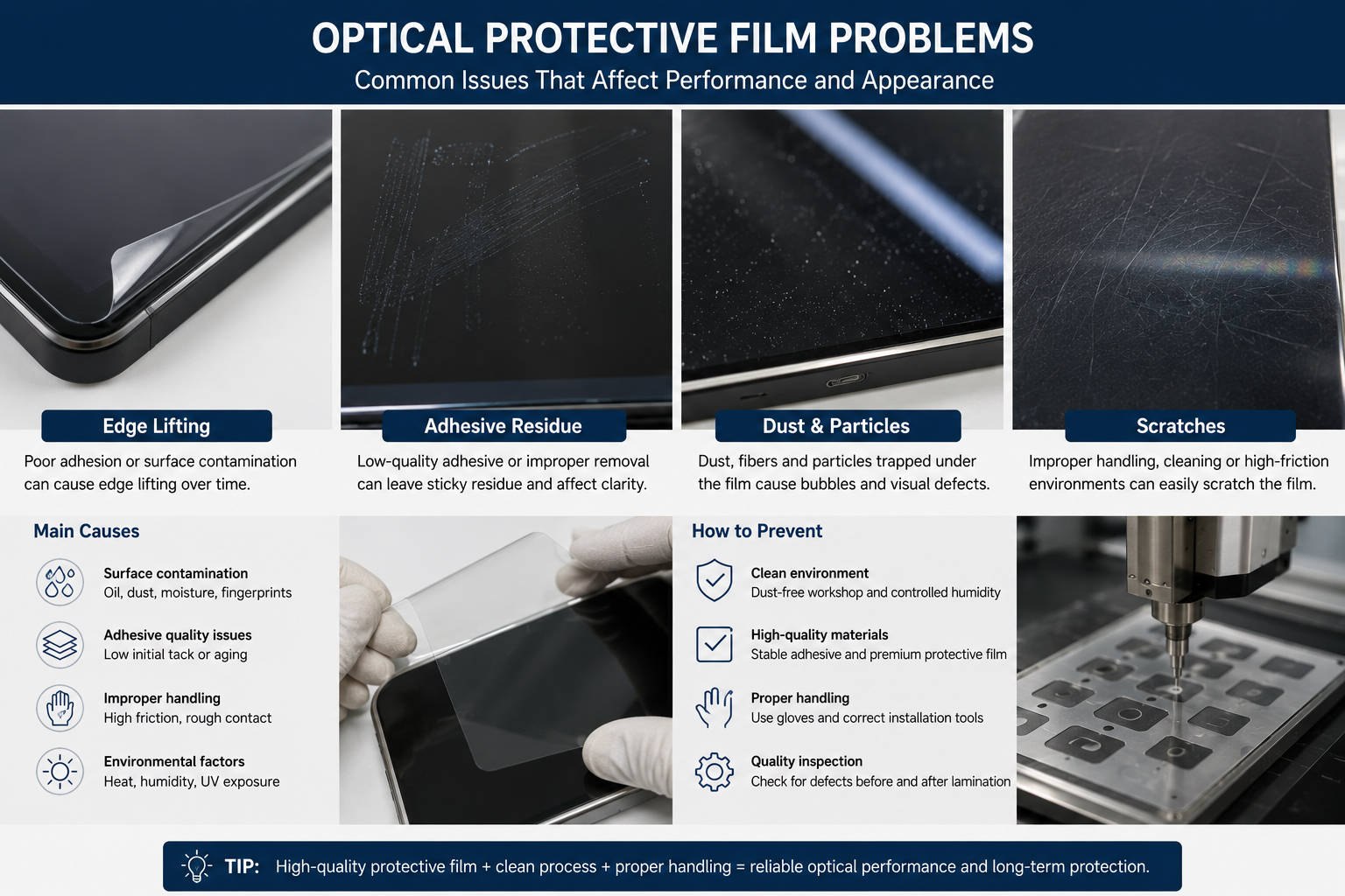 Optical protective film problems such as edge lifting adhesive residue dust and scratches